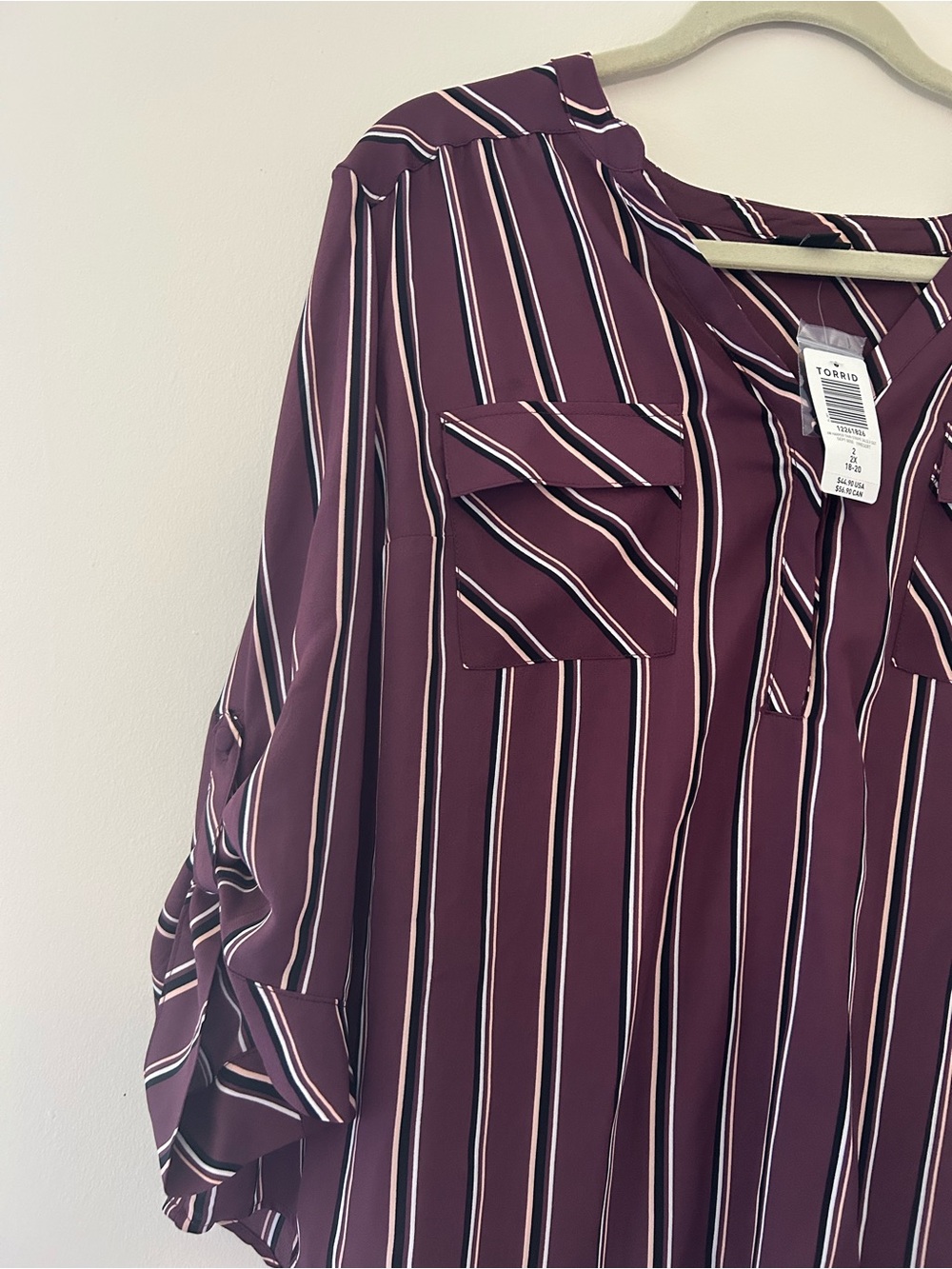 Torrid Size 2 Striped Roll-Sleeve Blouse in Burgundy - Unknown Brand - Picture 6 of 7